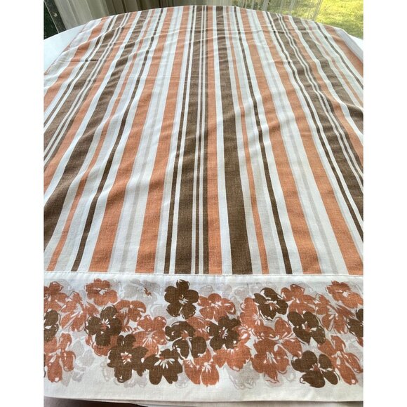Vintage 70s flat/top sheet, 2 tones brown stripes and flowers, full size bed - Picture 3 of 10